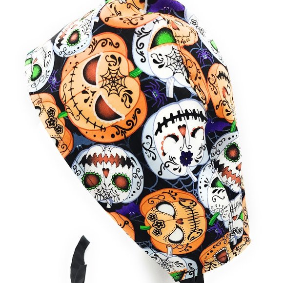 Halloween Pumpkin Sugar Skulls Scrub Cap Me… - Picture 2 of 3